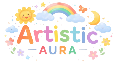 Colorful logo with 'Artistic Aura' text surrounded by a sun, rainbow, clouds, and flowers on a white background.